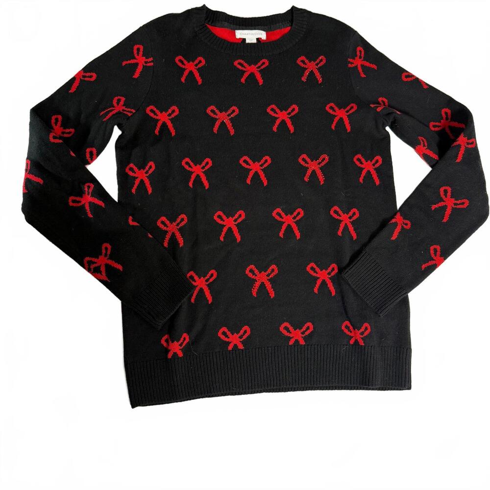 Holiday Red Bow Charter Club Black Sweater Size XS petite. Some Bows Sequined.